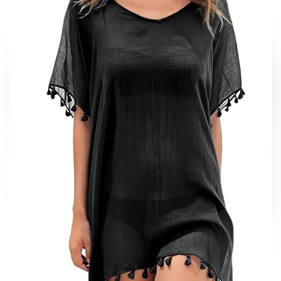Boho Summer Other - Boho Black Sheer Summer Cover-Up with Ball Tassel Detail One Size New!